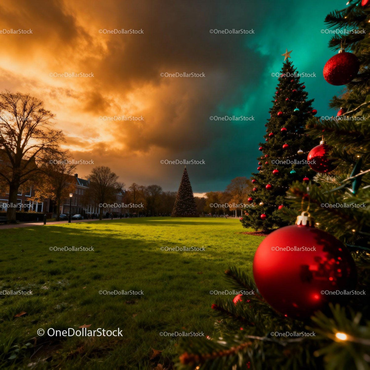 Sunset sky over decorated outdoor Christmas trees