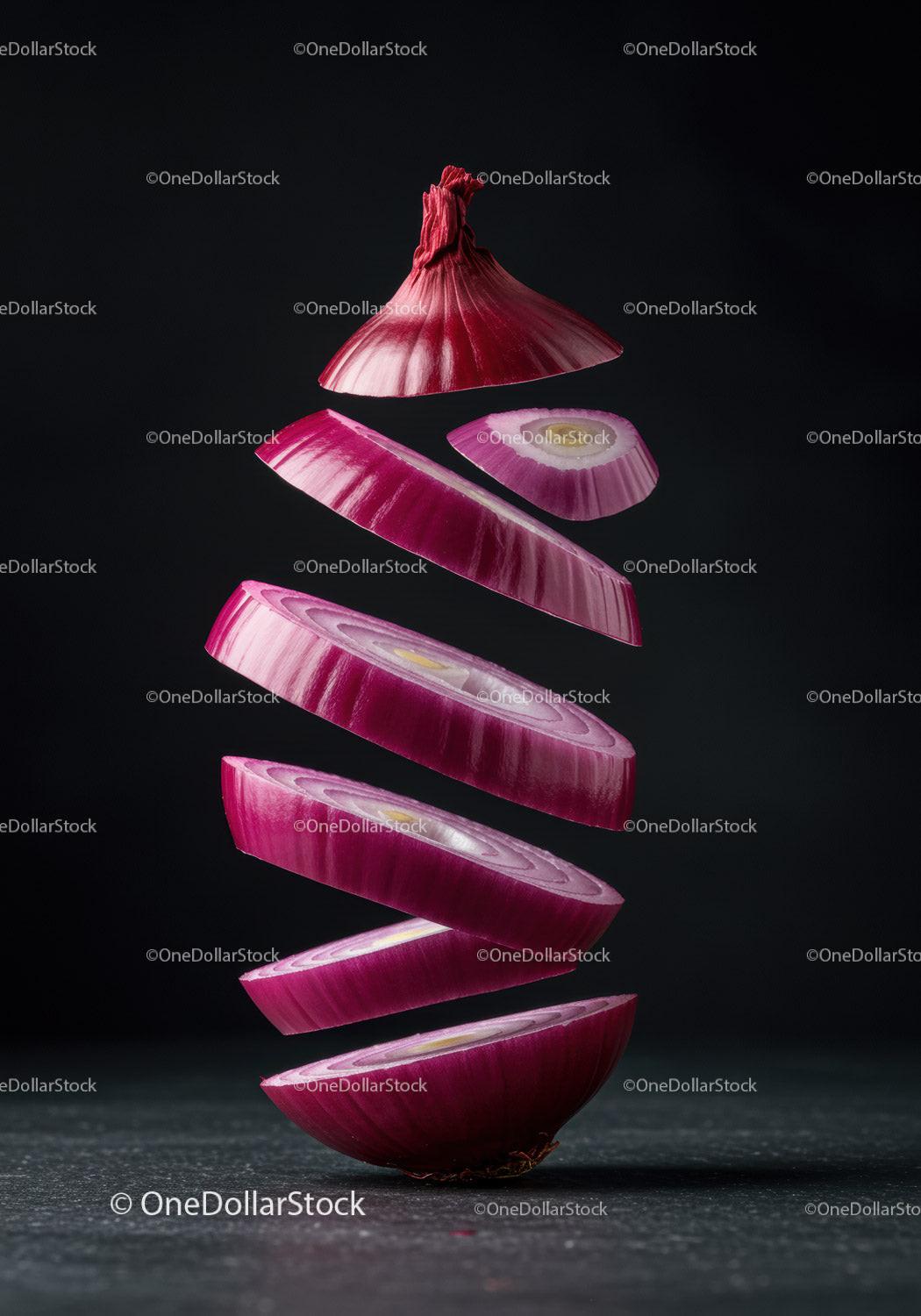 Floating slices of fresh red onion on dark background