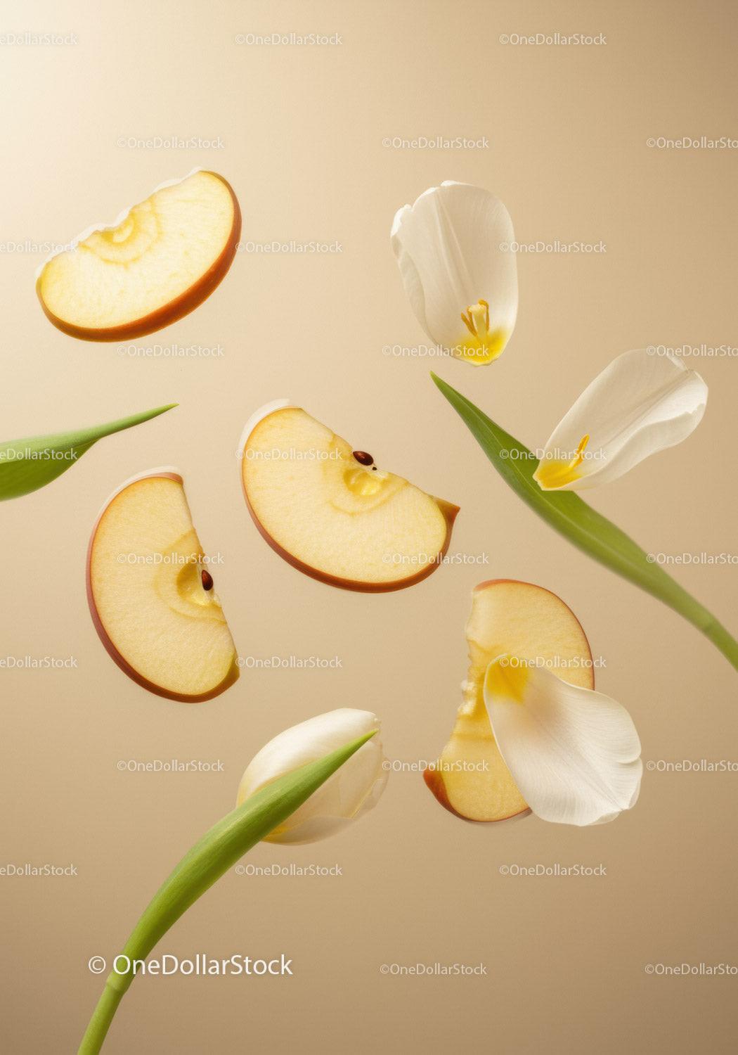 Fresh Apple Slices Floating Among White Tulip Petals