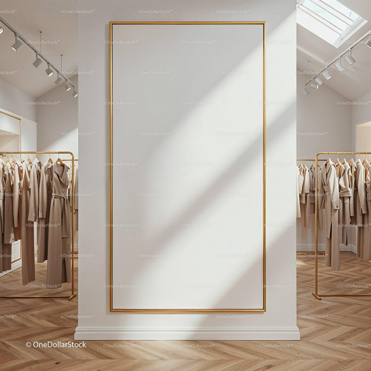 Minimalist fashion boutique interior with neutral coats JPG Mockup Image preview