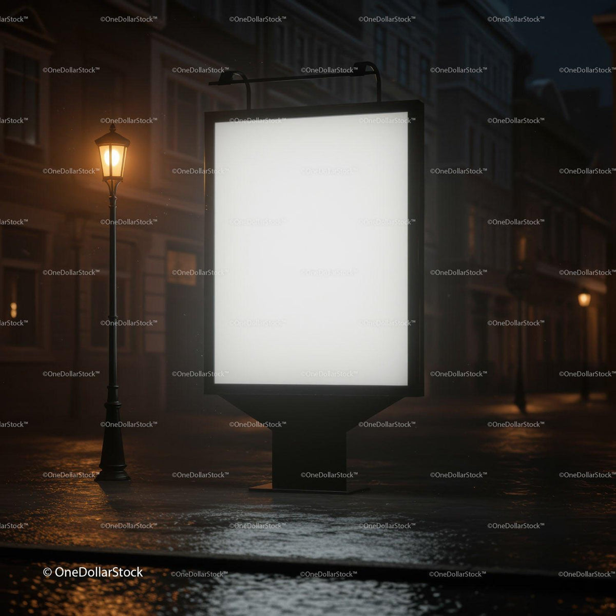 Illuminated blank billboard on wet city street at night JPG Mockup Image preview