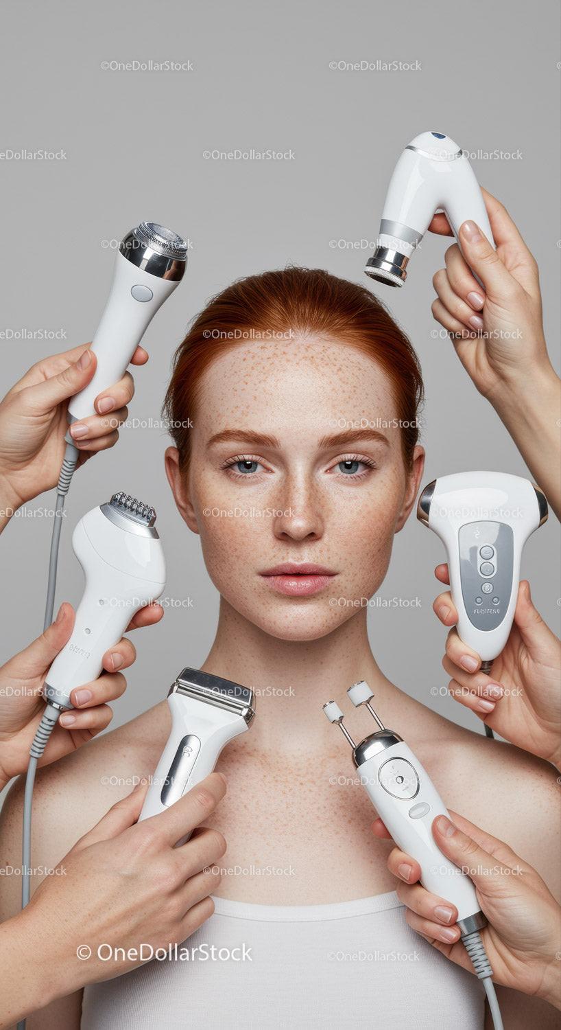 Young Woman Receiving Multi-Device Facial Treatment with Skincare Tools