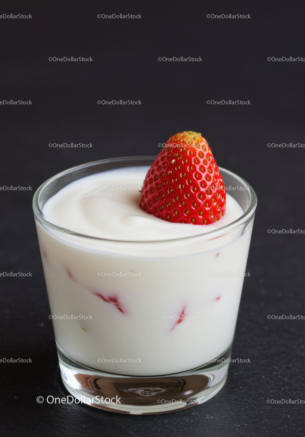 Fresh Strawberry Immersed in Creamy Yogurt Glass