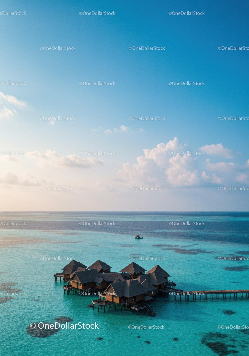 Overwater Bungalows with Turquoise Ocean and Blue Sky Scenic View