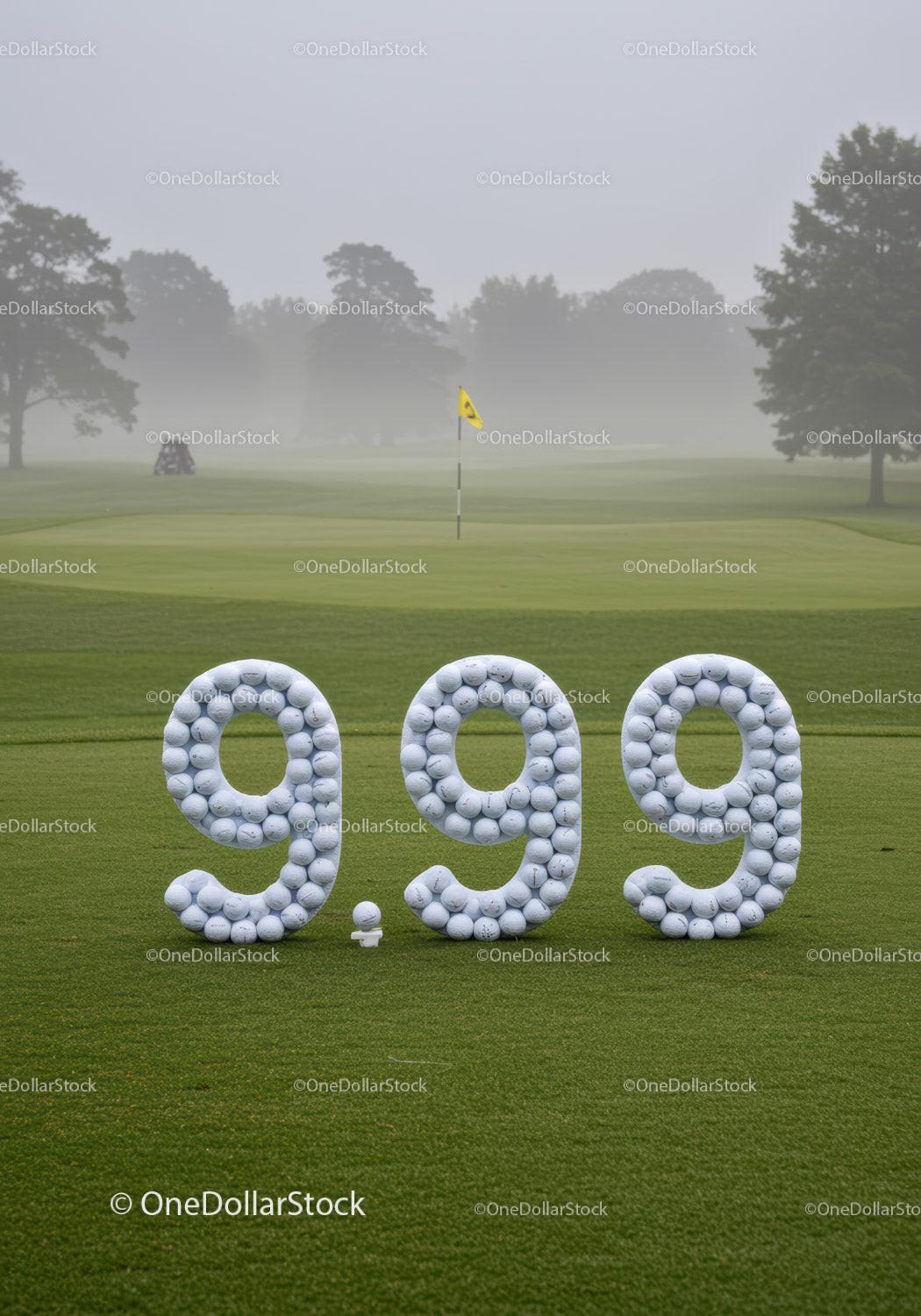 Golf score 999 made of golf balls on misty course