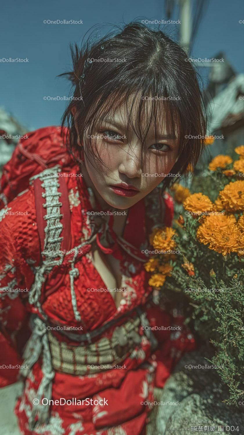 Young Woman in Red Kimono with Wet Hair Among Marigolds