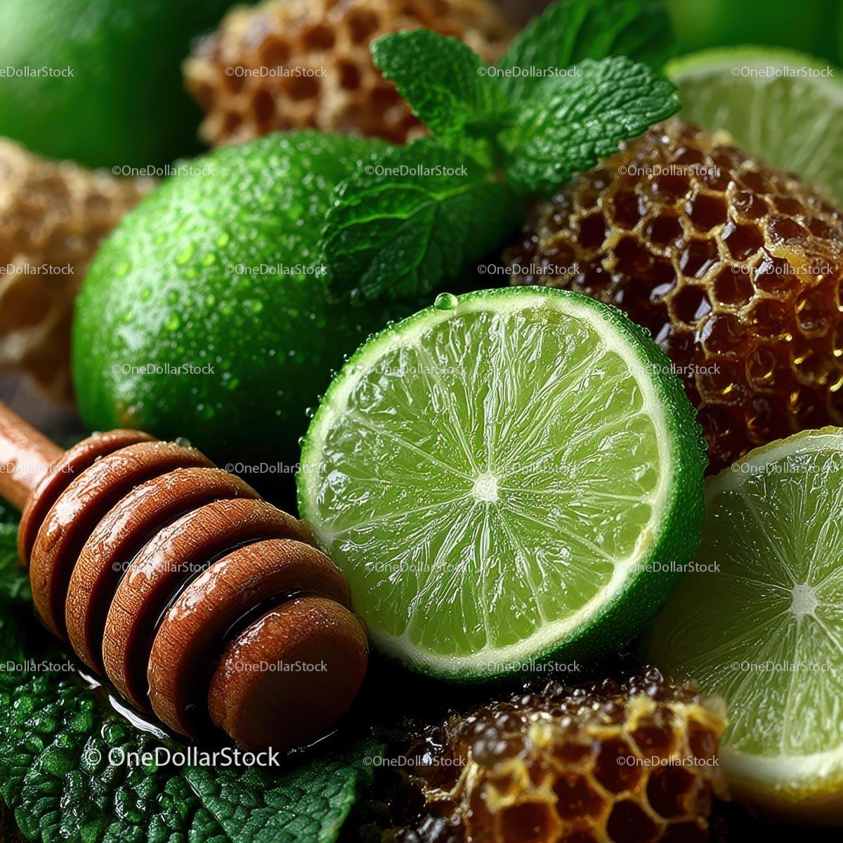 Fresh Limes, Mint Leaves and Honeycomb for Delicious Recipes Stock Photo Bundle preview 29