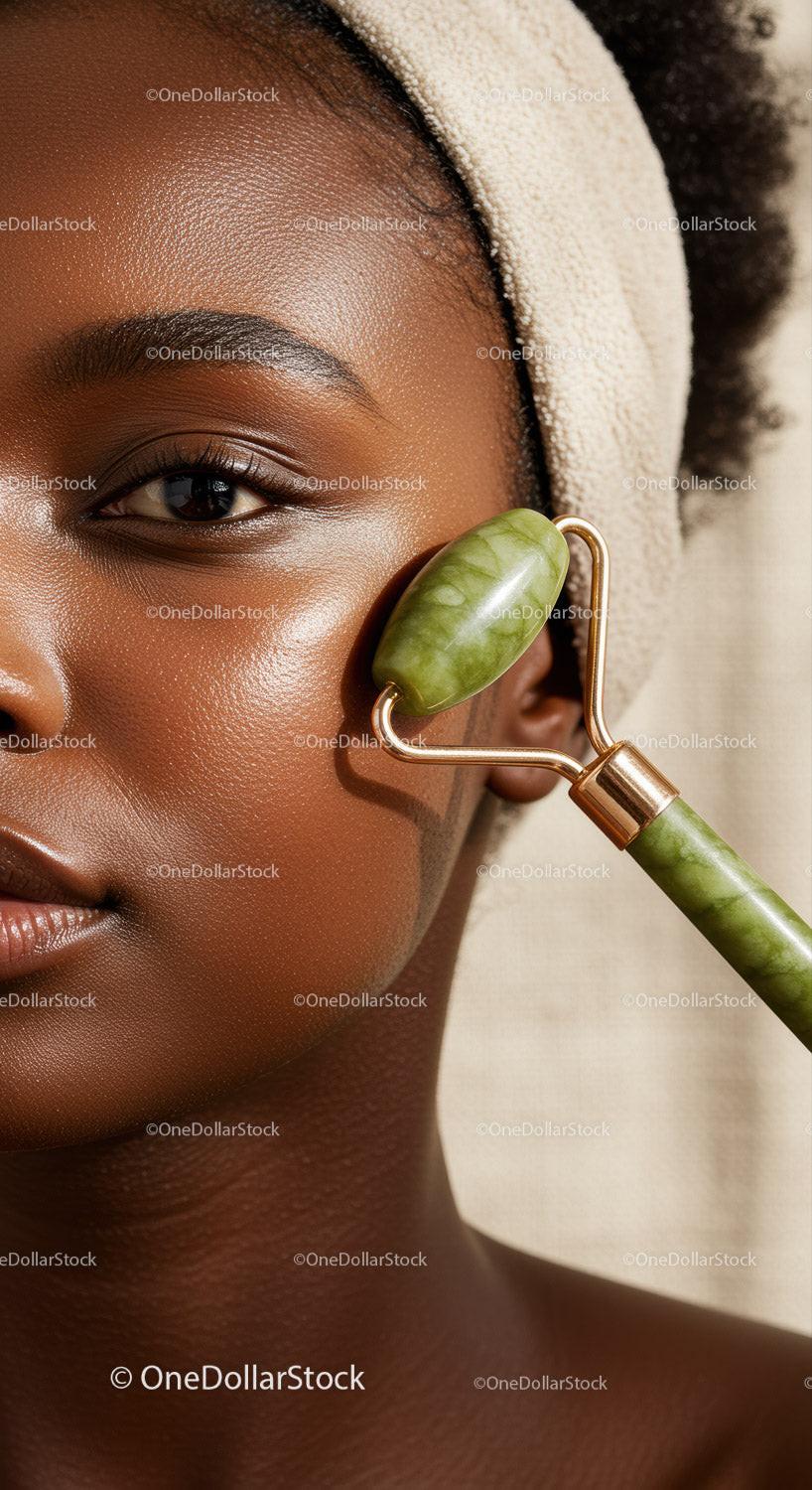Close-Up of a Woman Using Jade Face Roller for Skincare and Rejuvenation