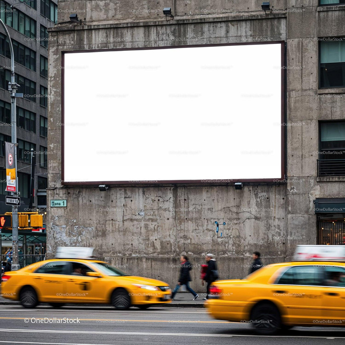 Urban Street Scene with Moving Yellow Taxis and Pedestrians JPG Mockup Image preview