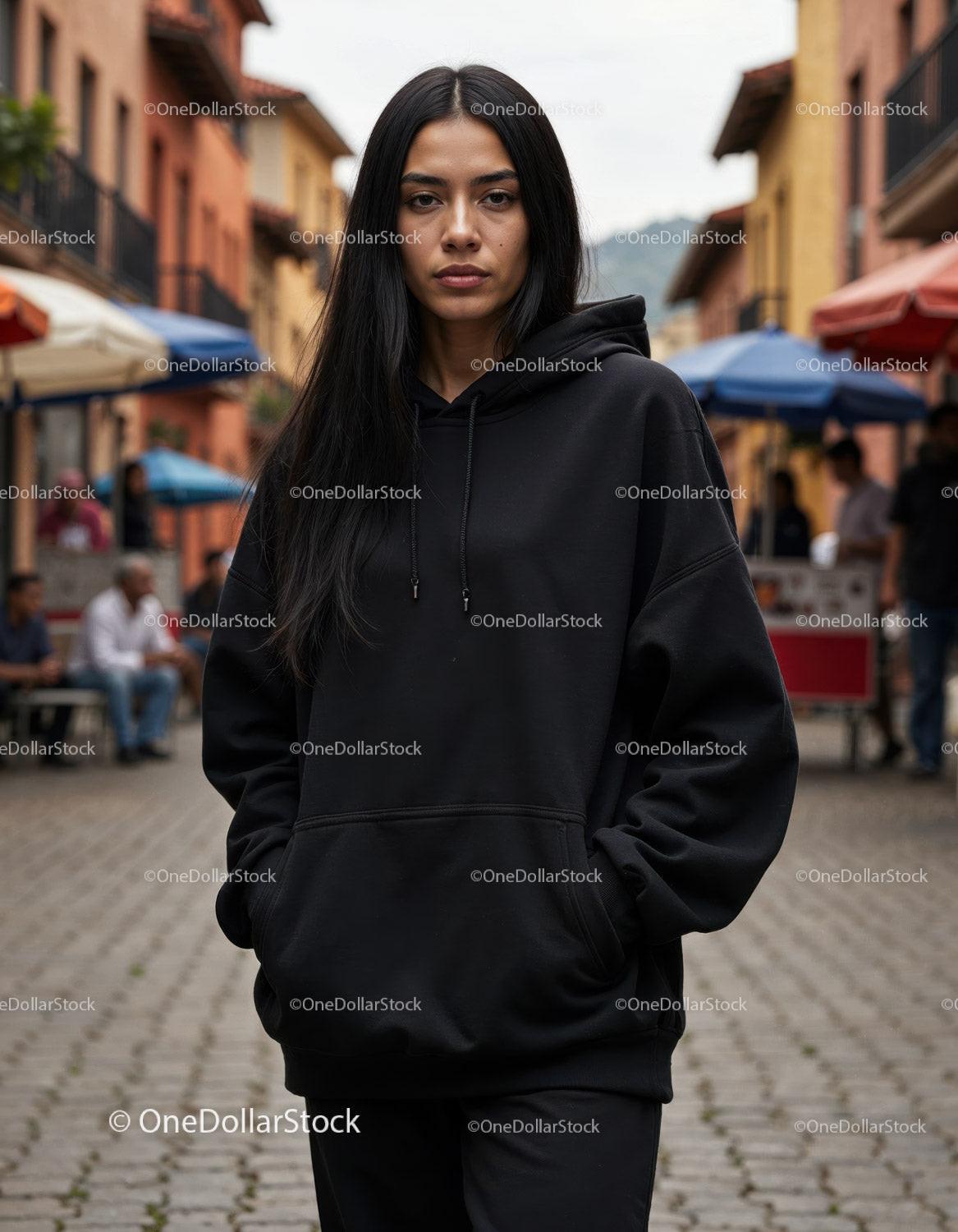 Fashionable Woman Wearing Black Hoodie in Urban City Street Stock Photo Bundle preview 30