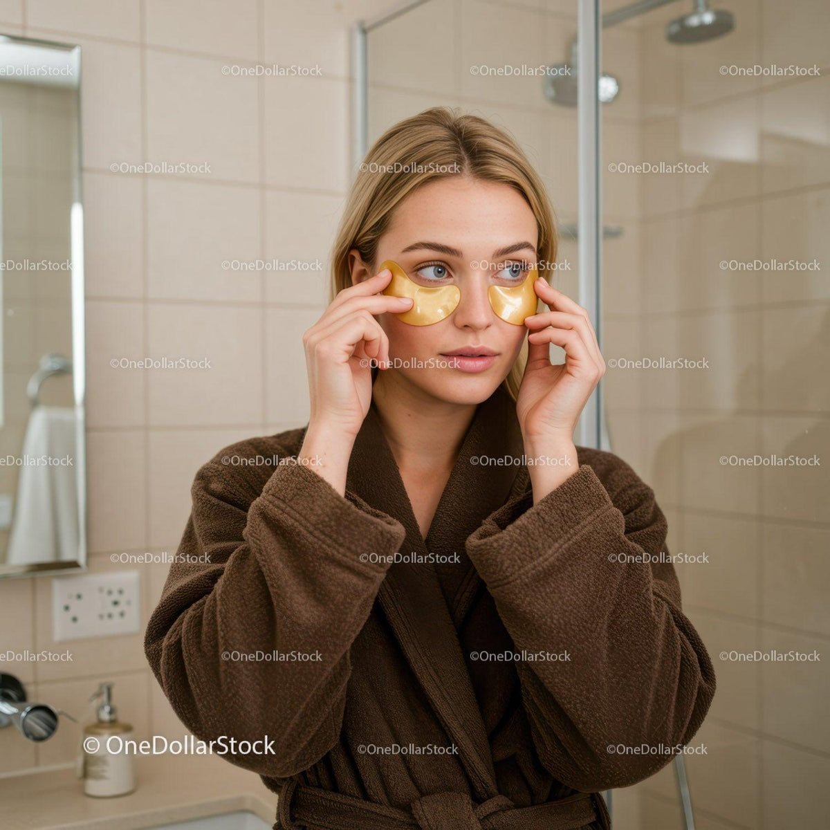 Woman Applying Gold Eye Patches in Bathroom for Rejuvenation