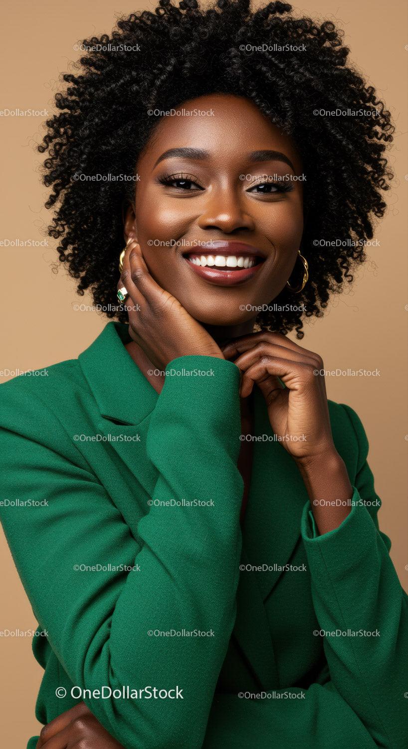 Elegant African American Woman Smiling in Green Suit And Gold Jewelry