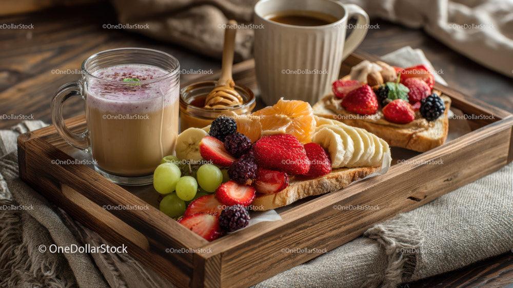 Nutritious Breakfast Tray with Toast Fresh Strawberries and Hot Chocolate Stock Photo Bundle preview 9