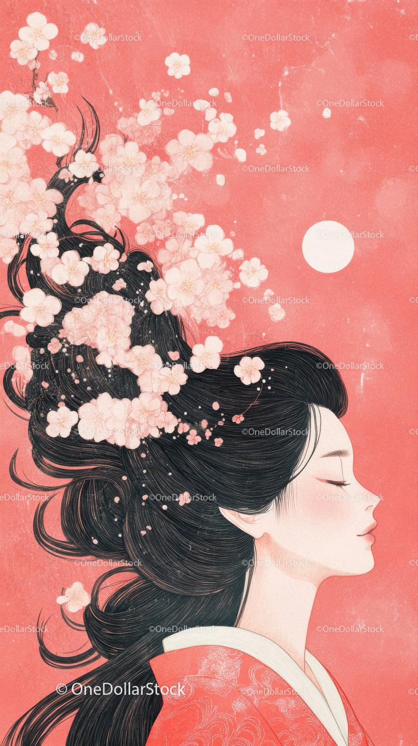 Profile of a woman with long black hair and white cherry blossoms on coral background