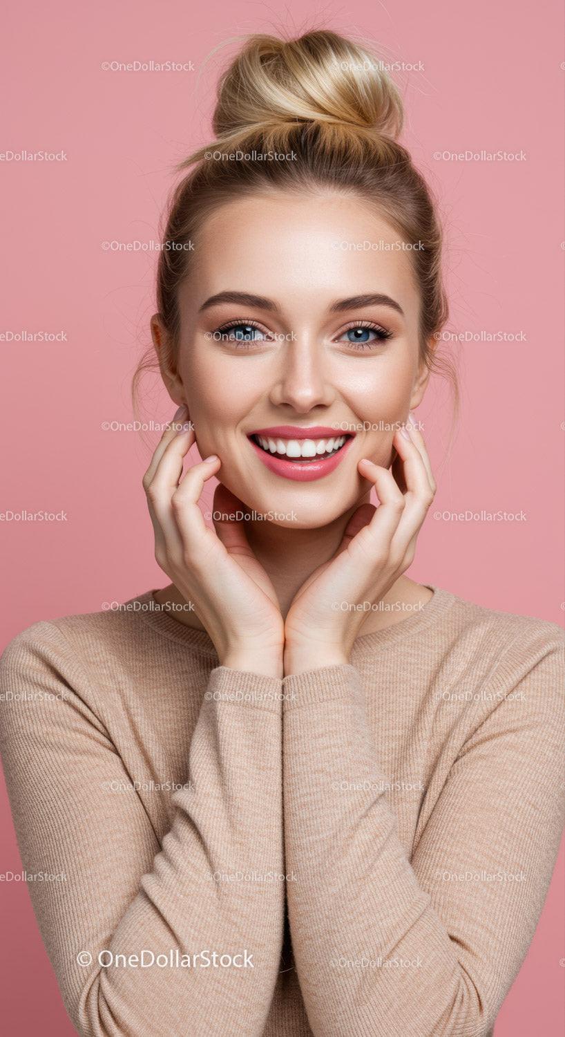 Young Woman with Bright Smile and Blonde Hair in Casual Beige Sweater