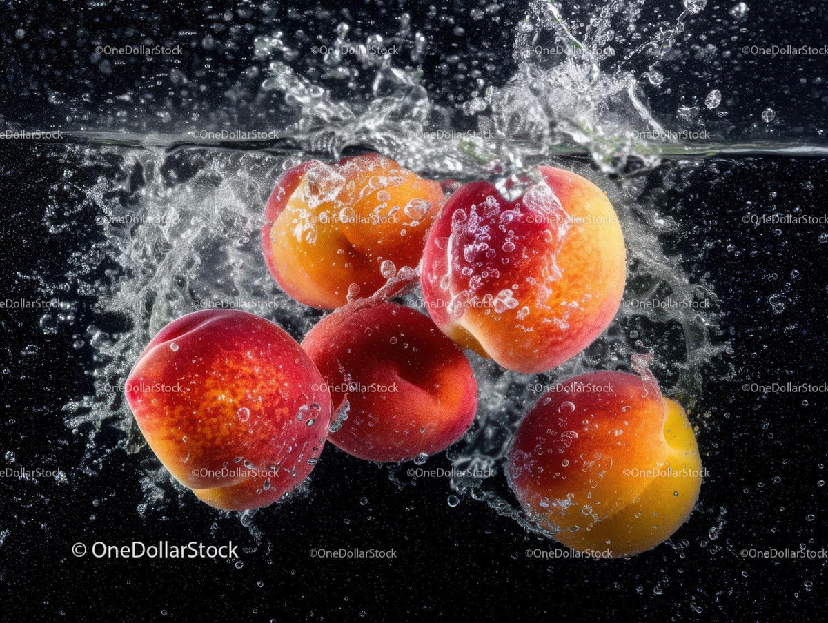 Fresh Juicy Peaches Splashing into Water