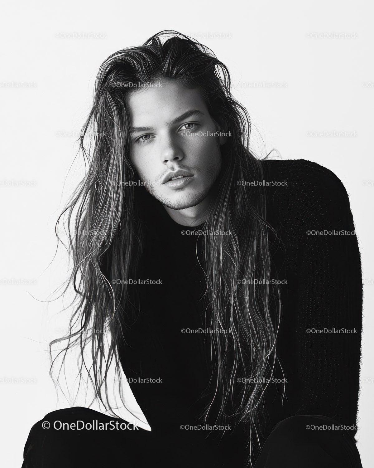 Black and White Fashion Portrait of Young Male Model with Long Hair