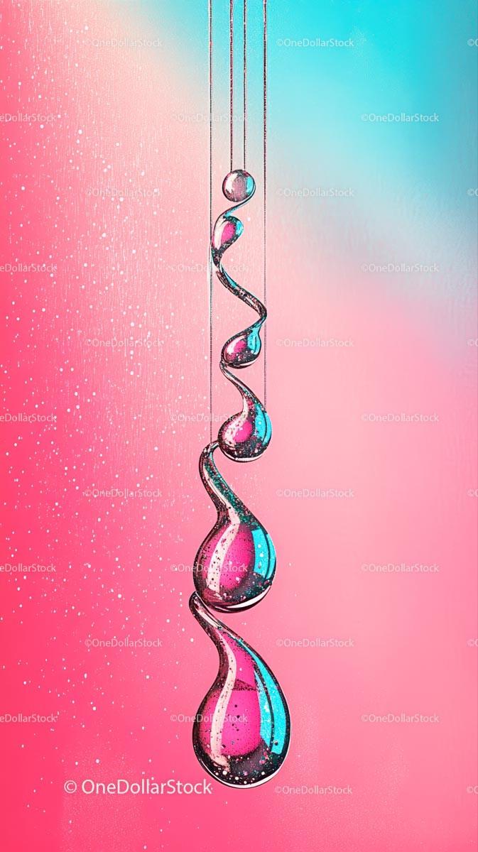 Colorful Liquid Drops Against Gradient Pink and Blue Background