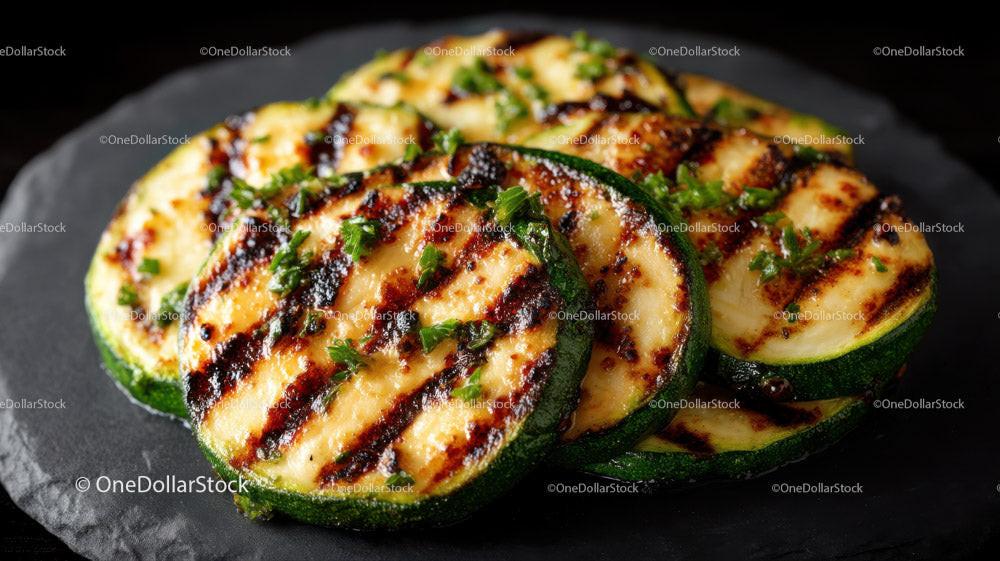 Grilled Zucchini Slices on Black Slate Plate with Char Marks Stock Photo Bundle preview