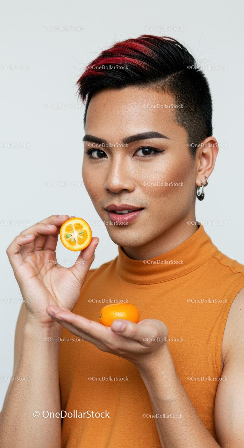 Vibrant Young Woman with Bold Hair Holding Fresh Citrus Fruit