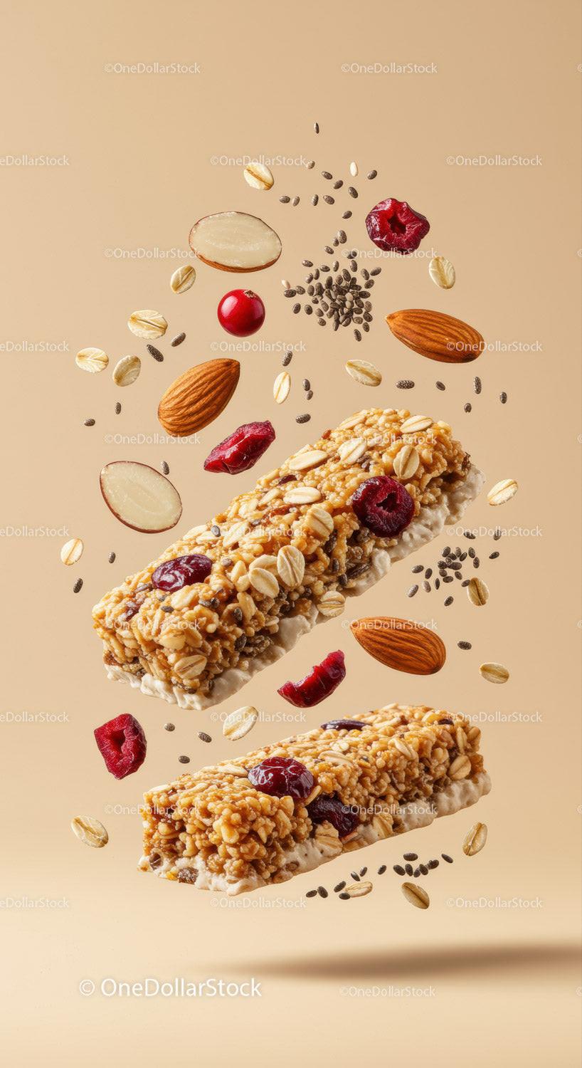 Healthy granola bars with nuts and dried berries floating