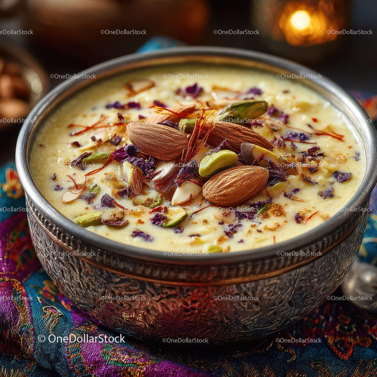 Traditional Indian Saffron Kulfi with Nuts and Edible Flowers in Silver Bowl