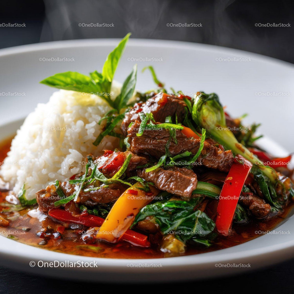 Colorful Stir-Fried Beef with Vegetables on White Plate