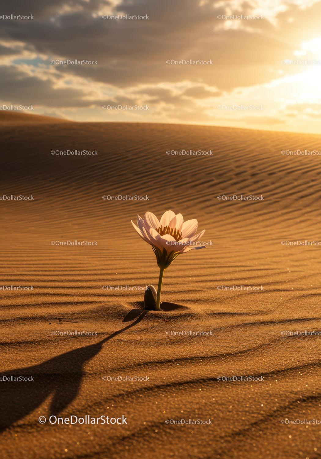 Single white flower growing in sandy desert landscape