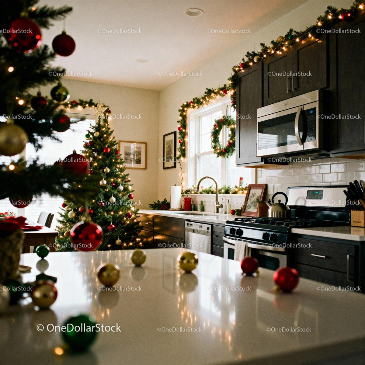 Cozy kitchen decorated with Christmas lights and tree