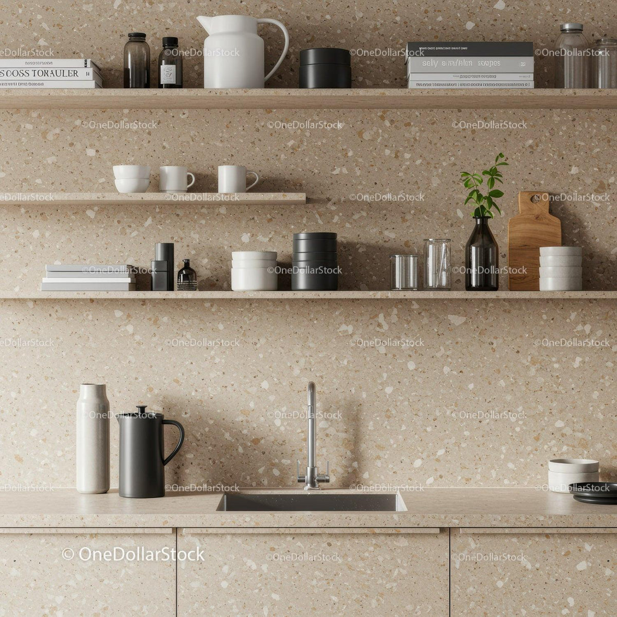 Modern Kitchen with Beige Terrazzo Backsplash and Stylish Decor