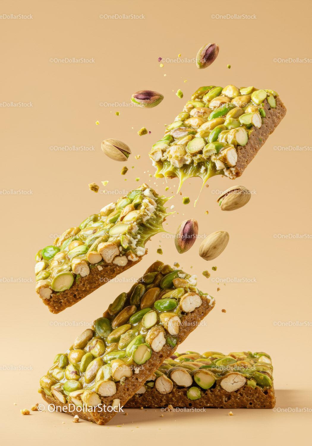 Breaking pistachio nut bars with sticky caramel