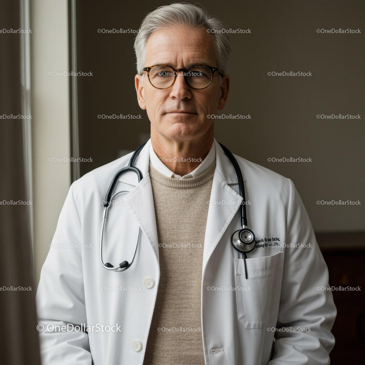 Senior Male Doctor with Stethoscope in Medical Clinic