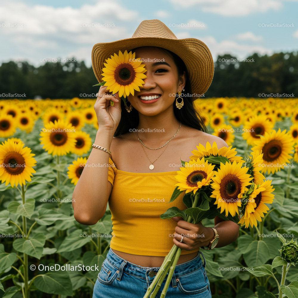 Happy Woman Smiling With Sunflowers in a Bright Field Stock Photo Bundle preview 13