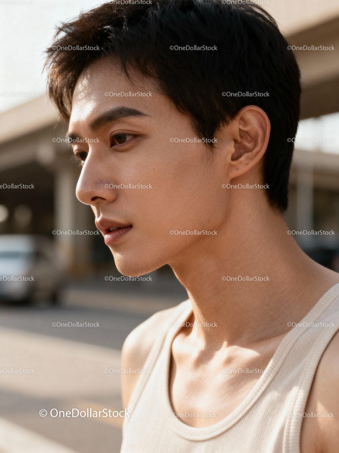 Thoughtful young man in casual tank top outdoors
