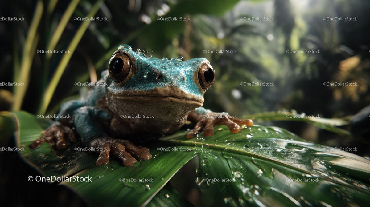 Close-up of a Green Frog Resting on a Leaf in Tropical Jungle