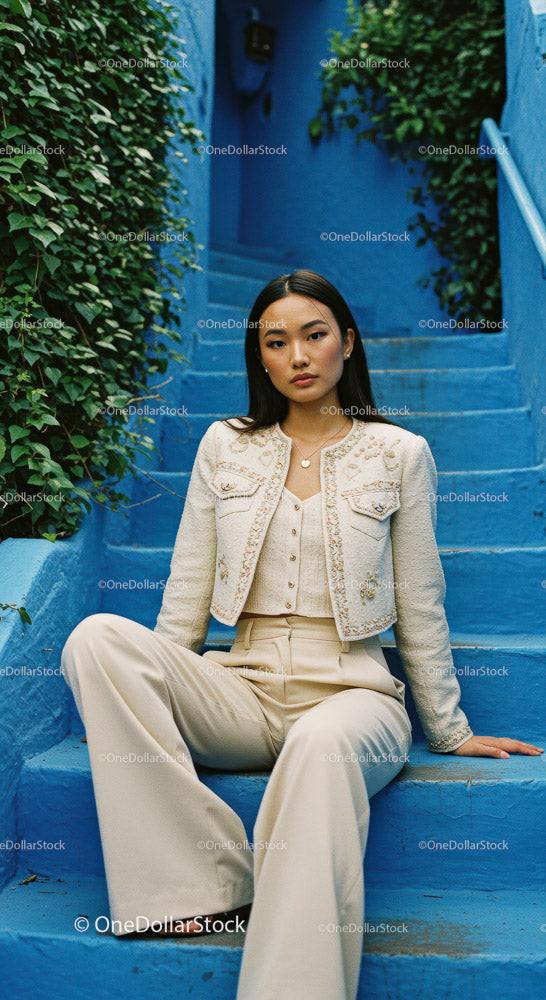 Chic Young Woman Sitting on Blue Stairs in Urban Environment Stock Photo Bundle preview 12