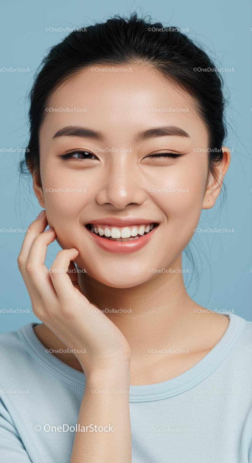 Cheerful Young Woman Winking and Smiling Brightly in Studio