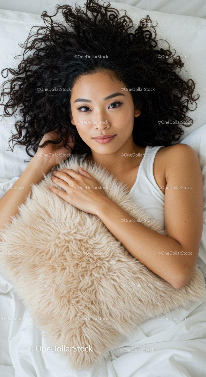 Relaxed young woman lying down with cozy fluffy pillow
