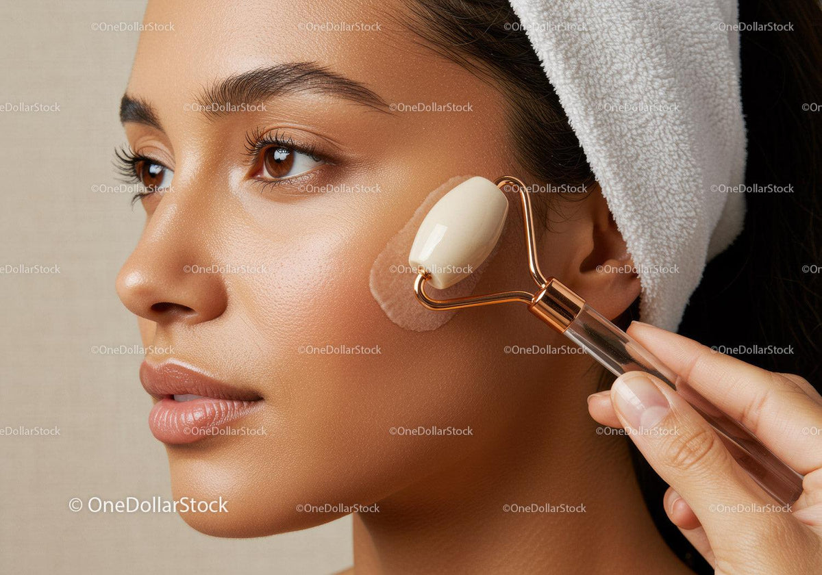 Close-Up of Woman Receiving Facial Skincare Treatment with Jade Roller