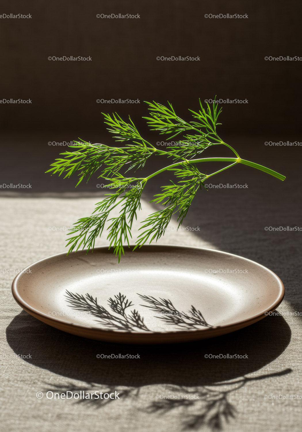 Fresh dill casting delicate shadow on ceramic plate