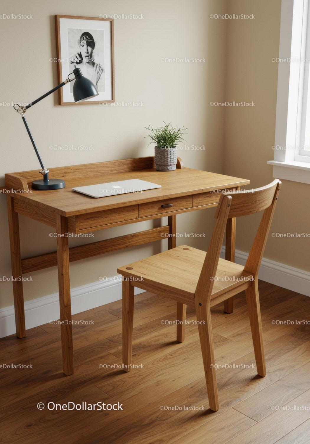 Cozy Wooden Home Office with Desk Lamp and Green Plant