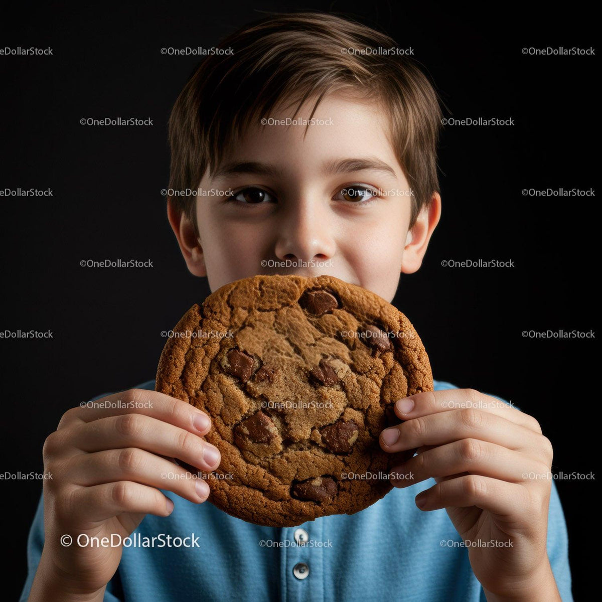 Boy holding large chocolate chip cookie close to face