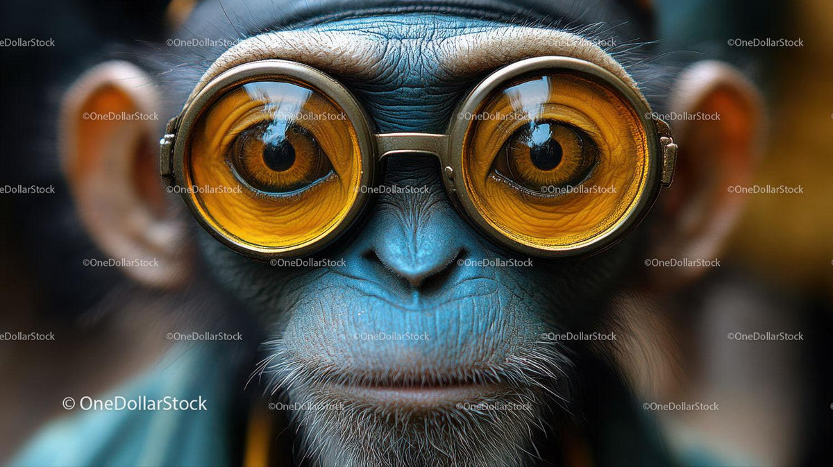 Blue monkey face with large round amber glasses and detailed fur texture