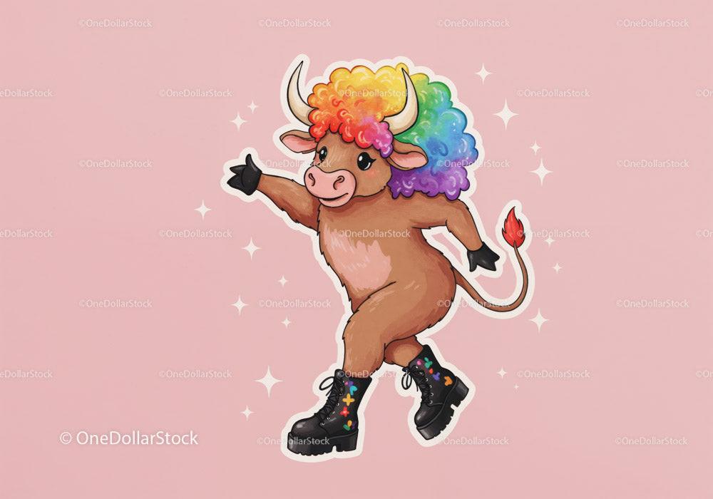Brown ox with rainbow afro, black gloves, and boots dancing on pink background