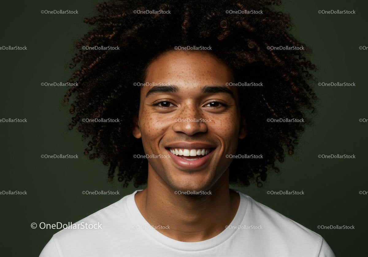 Vibrant Young Man with Curly Hair and Bright Smile in Studio