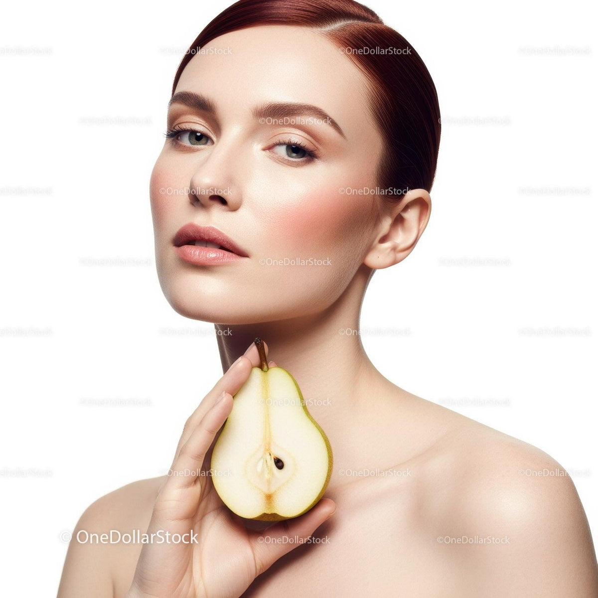 Elegant Portrait of a Woman Holding a Green Pear with Flawless Skin