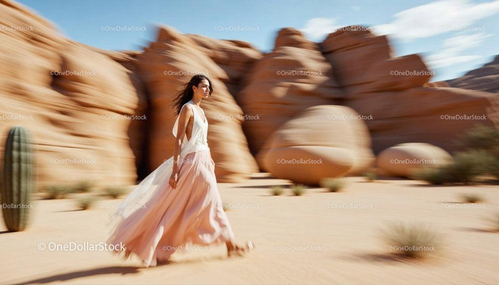 Elegant Model in Flowing Dress Walking Through Desert Landscape Stock Photo Bundle preview