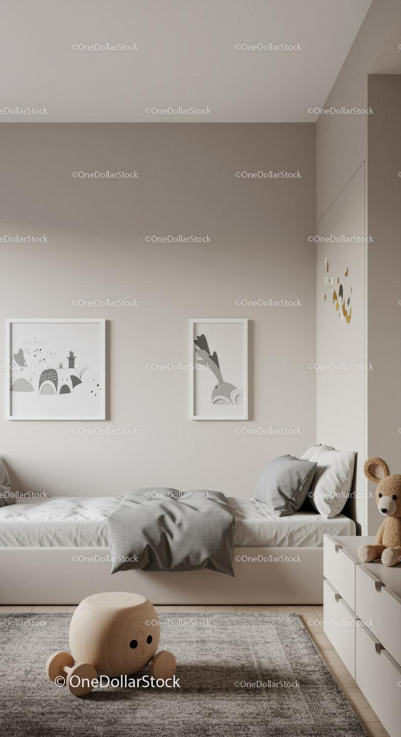 Children's Bedroom with Minimalist Decor and Wooden Toy Car