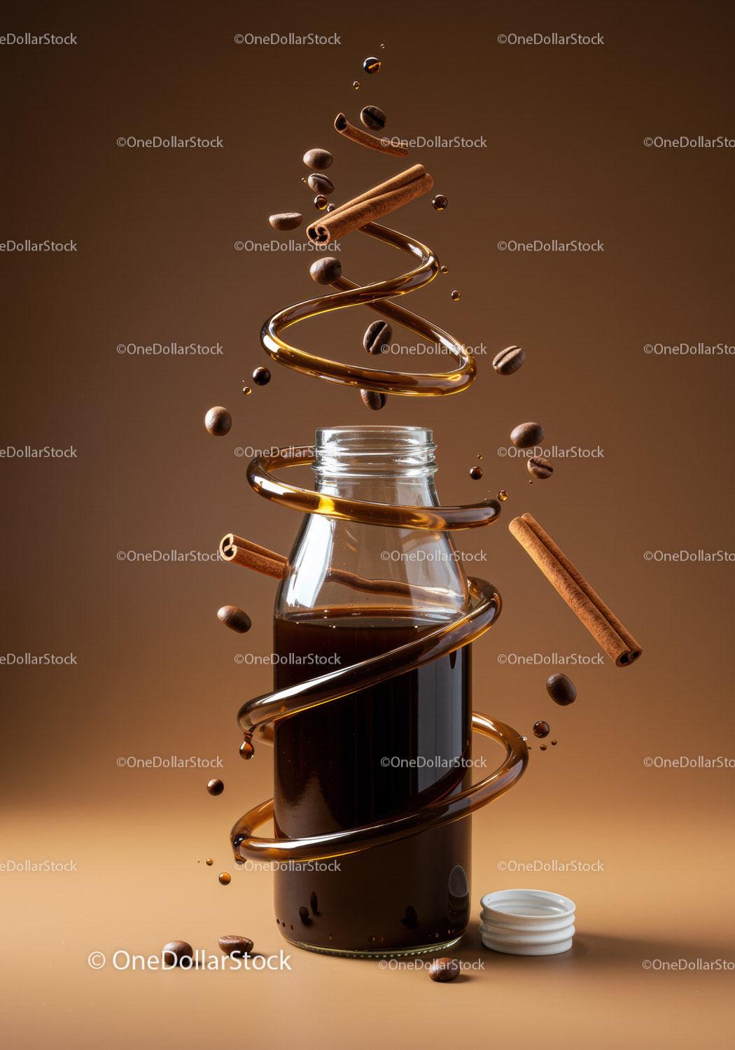 Glass Bottle of Coffee Surrounded by Floating Spices