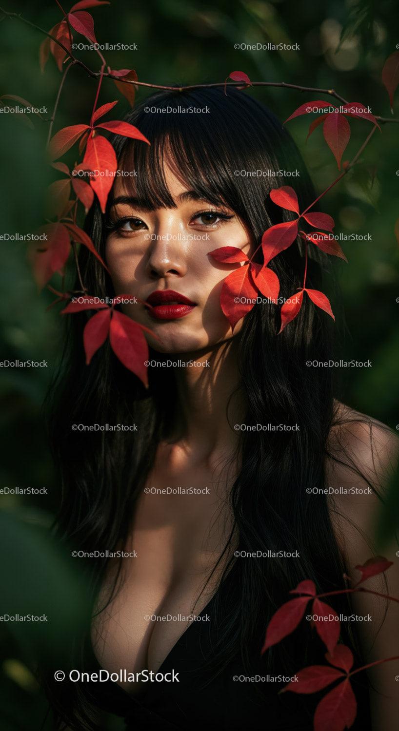 Elegant Woman with Red Lips in Botanical Foliage Outdoors Stock Photo Bundle preview 7